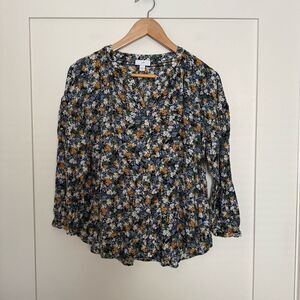 J Jill Top Womens Sz M Blue Floral V Neck Button Up Long Sleeve Feminine Office